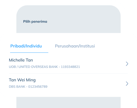 Sebuah ilustrasi tampilan layar aplikasi yang menampilkan fitur 'Pilih penerima'. Ada dua tab yang dapat diklik, 'Pribadi/Individu' yang daftar penerima ditampilkan di layar dan 'Perusahaan/Institusi'.