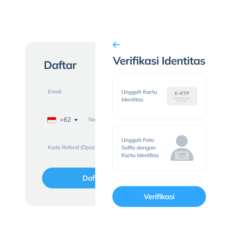 Tampilan langkah pertama untuk transaksi internasional di aplikasi Topremit dengan registrasi akun melalui email dan nomor telepon serta verifikasi identitas menggunakan kartu tanda pengenal.