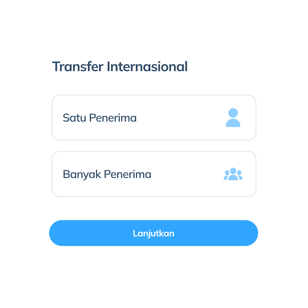 Tampilan langkah kedua transaksi internasional di aplikasi Topremit, menunjukkan opsi transfer ke 'Satu Penerima' atau 'Banyak Penerima'.