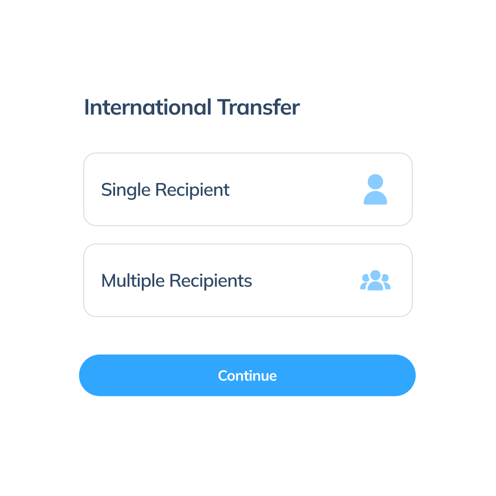 「単一の受取人」または「複数の受取人」への送金オプションを表示する、Topremit アプリの国際取引の第2ステップ画面。