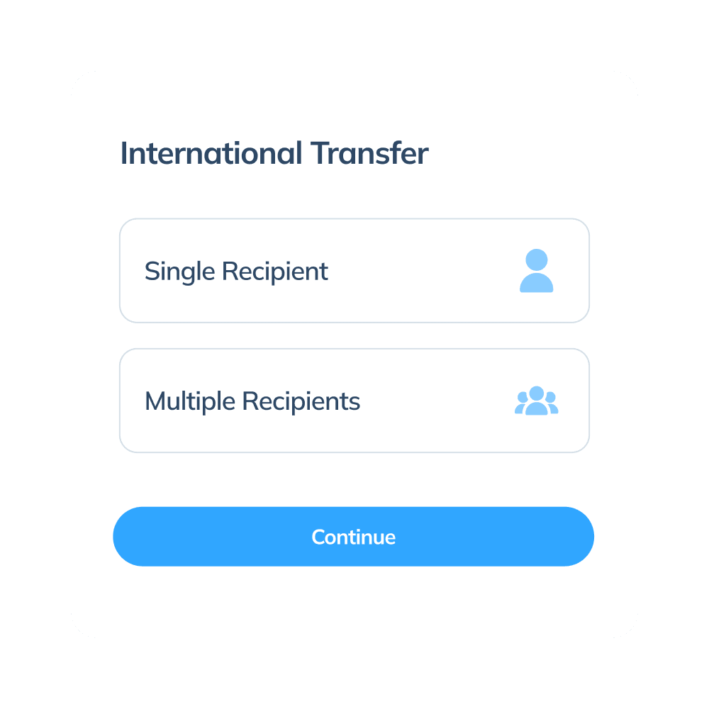 Topremit 应用中国际交易的第二步界面，显示“单一收款人”或“多个收款人”的转账选项。