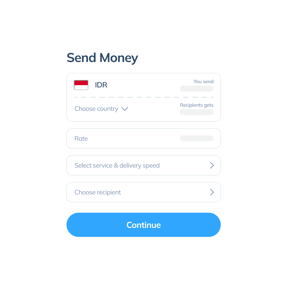 送金先の国、為替レート、サービス、受取人を表示する、Topremit アプリの国際取引の第3ステップ画面。
