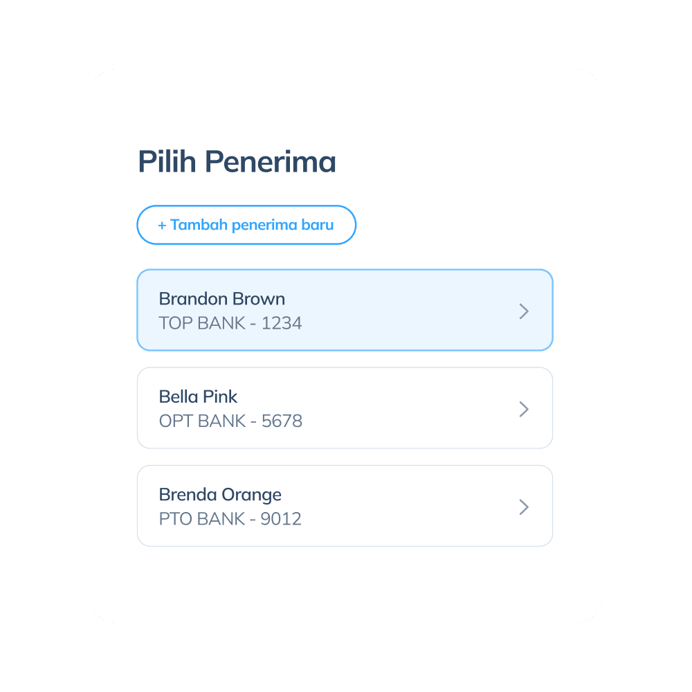 Tampilan langkah keempat transaksi internasional di aplikasi Topremit dengan memilih penerima atau mengisi data penerima baru.