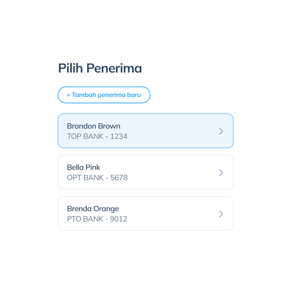 Tampilan langkah keempat transaksi internasional di aplikasi Topremit dengan memilih penerima atau mengisi data penerima baru.
