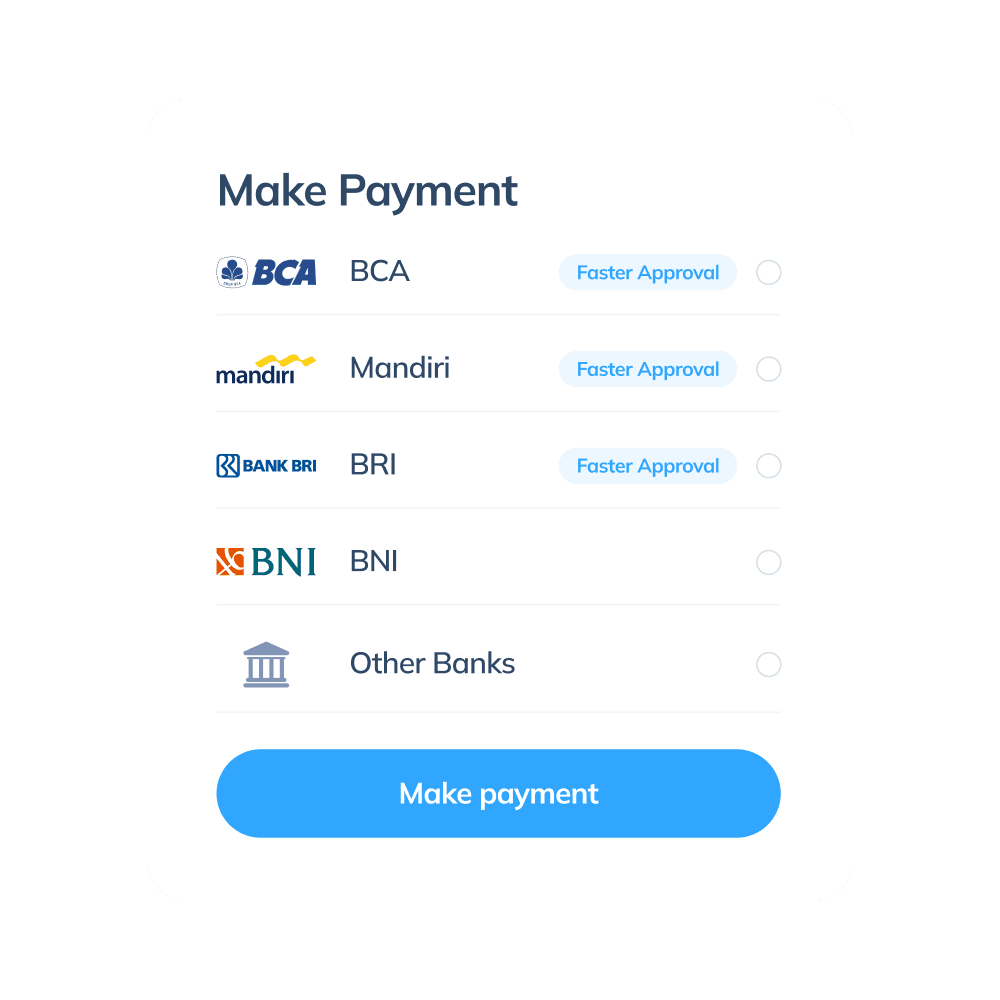 Topremit 应用中国际交易的最后一步界面，通过 BCA、Mandiri、BRI、BNI、或其他银行完成付款。