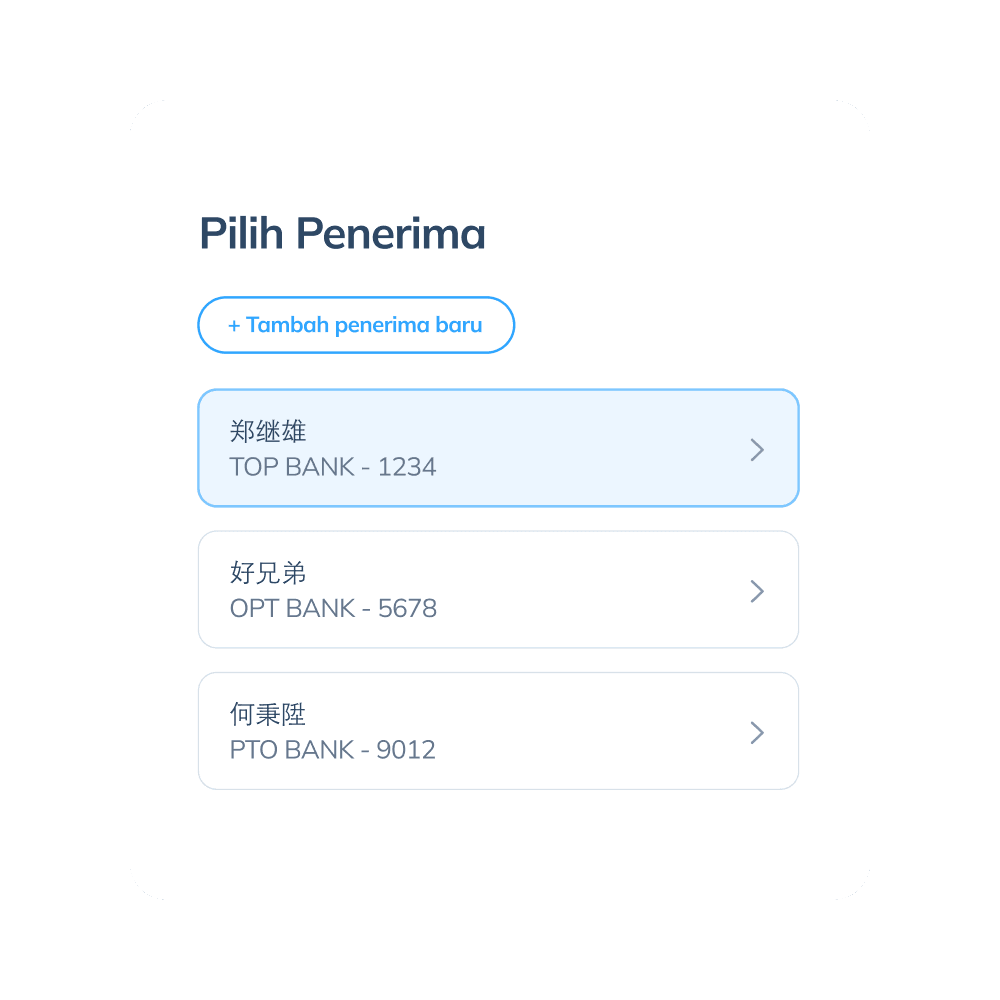 Tampilan langkah keempat transaksi internasional di aplikasi Topremit dengan memilih penerima atau mengisi data penerima baru.