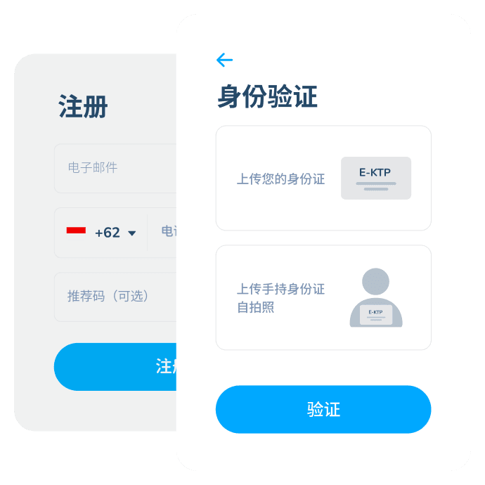Topremit 应用中交易的第一步界面,包括通过电子邮箱和电话号码注册账户,以及使用身份证件进行身份验证。