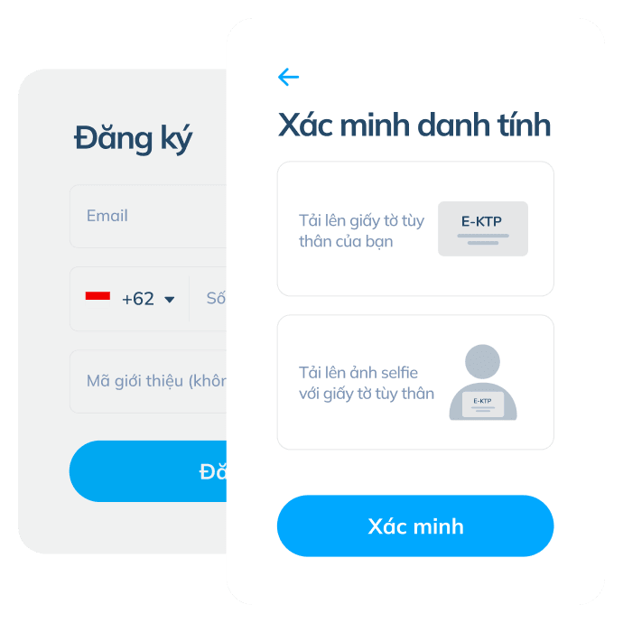 Màn hình bước đầu của giao dịch trên ứng dụng Topremit, bao gồm đăng ký tài khoản bằng email và số điện thoại, cùng xác minh danh tính bằng giấy tờ tùy thân.