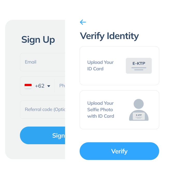 Display of the first step for a transaction via the Topremit app, including account registration via email and phone number, and identity verification using an ID card.