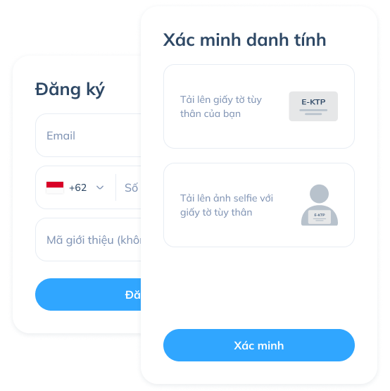 Màn hình bước đầu của giao dịch trên ứng dụng Topremit, bao gồm đăng ký tài khoản bằng email và số điện thoại, cùng xác minh danh tính bằng giấy tờ tùy thân.