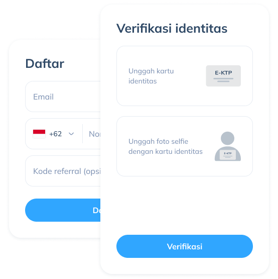 Tampilan langkah pertama untuk transaksi internasional di aplikasi Topremit dengan registrasi akun melalui email dan nomor telepon serta verifikasi identitas menggunakan kartu tanda pengenal.