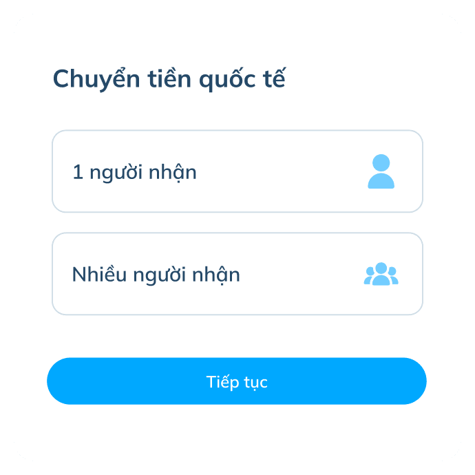 Màn hình bước thứ hai của giao dịch quốc tế trên ứng dụng Topremit, hiển thị tùy chọn chuyển tiền cho “một người nhận” hoặc “nhiều người nhận”.