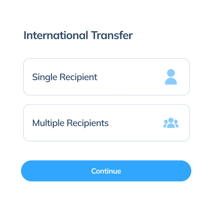 Display of the second step in an international transaction on the Topremit app, showing transfer options for “Single Recipient” or “Multiple Recipients”.