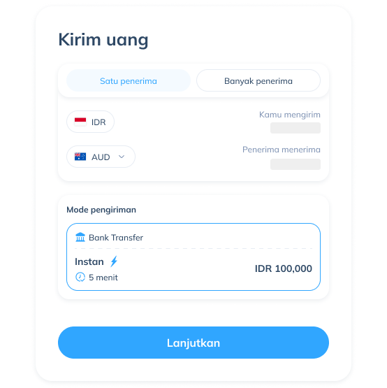 Tampilan langkah ketiga transaksi internasional di aplikasi Topremit yang menunjukkan negara tujuan, nilai tukar, layanan, dan penerima.