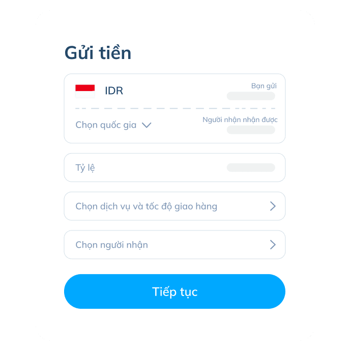 Màn hình bước thứ ba của giao dịch quốc tế trên ứng dụng Topremit, hiển thị quốc gia nhận, tỷ giá, dịch vụ và người nhận.