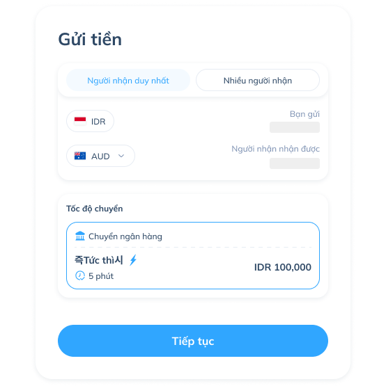 Màn hình bước thứ ba của giao dịch quốc tế trên ứng dụng Topremit, hiển thị quốc gia nhận, tỷ giá, dịch vụ và người nhận.