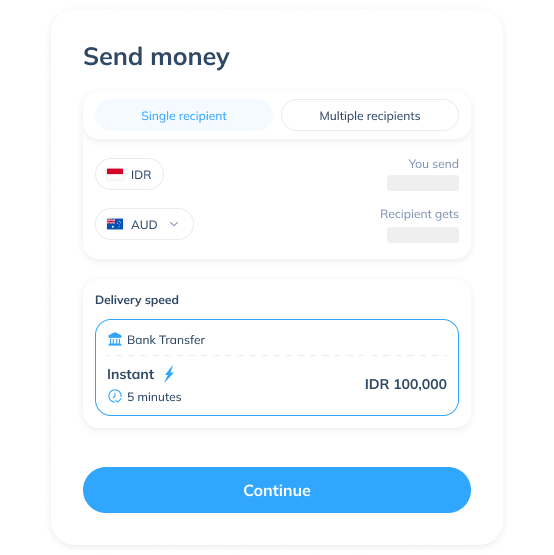 Display of the third step in an international transaction on the Topremit app showing the destination country, exchange rate, service, and recipient.