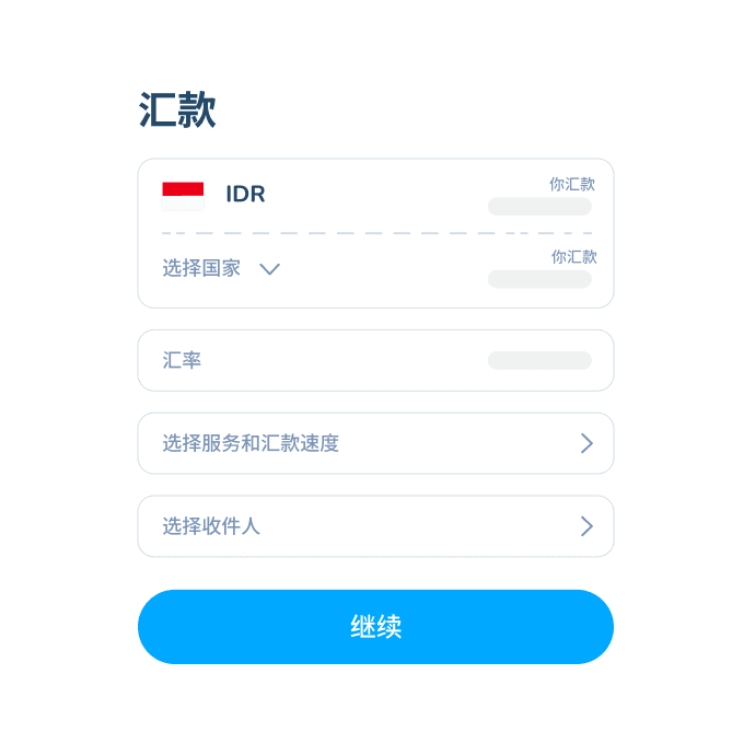 Topremit 应用中国际交易的第三步界面,显示收款国家、汇率、服务和收款人。