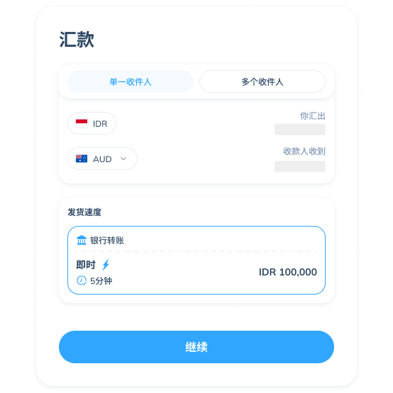 Topremit 应用中国际交易的第三步界面,显示收款国家、汇率、服务和收款人。