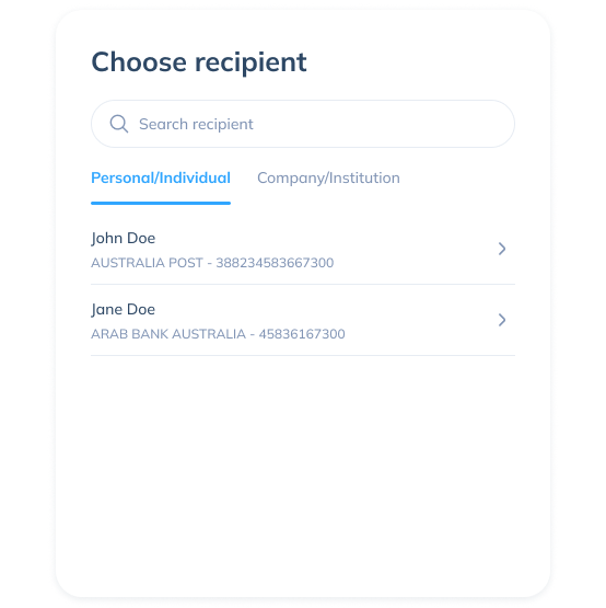 Display of the fourth step in an international transaction on the Topremit app by selecting an existing recipient or entering new recipient details.