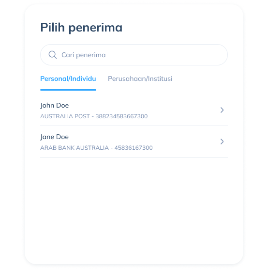Tampilan langkah keempat transaksi internasional di aplikasi Topremit dengan memilih penerima atau mengisi data penerima baru.