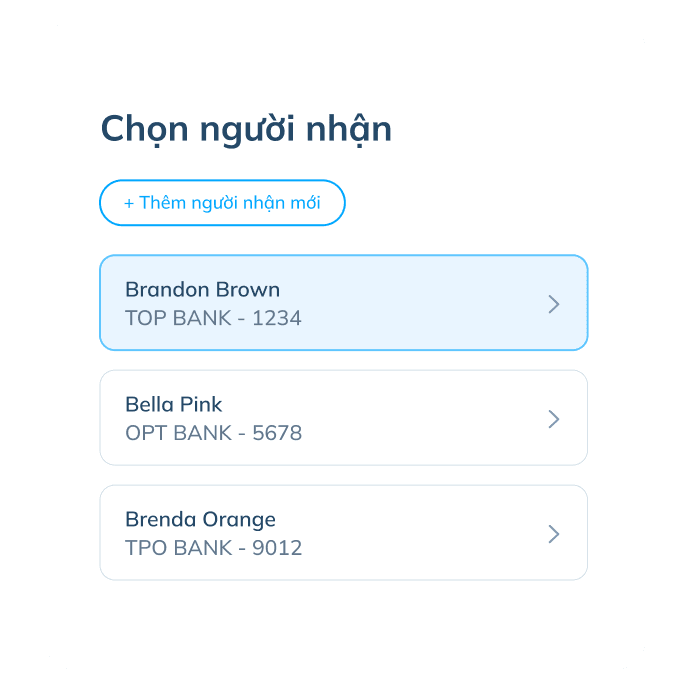 Màn hình bước thứ tư của giao dịch quốc tế trên ứng dụng Topremit, cho phép chọn người nhận hiện có hoặc nhập thông tin người nhận mới.