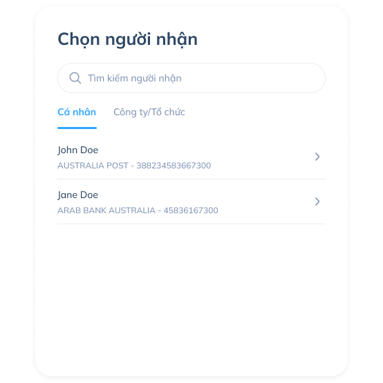 Màn hình bước thứ tư của giao dịch quốc tế trên ứng dụng Topremit, cho phép chọn người nhận hiện có hoặc nhập thông tin người nhận mới.