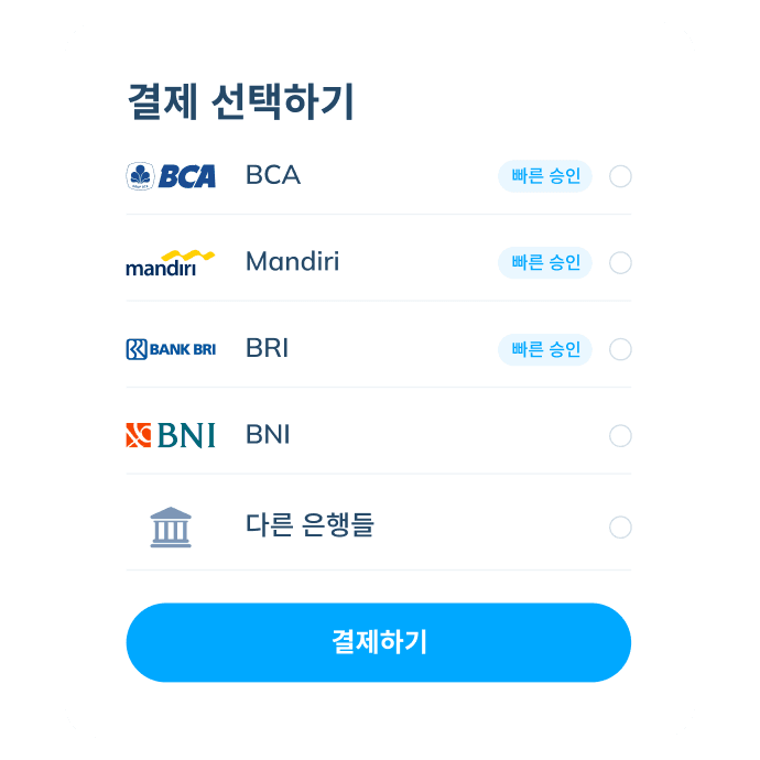 BCA, Mandiri, BRI, BNI, 등 이용 가능한 은행을 통해 결제하는 Topremit 앱 국제 거래의 마지막 단계 화면.