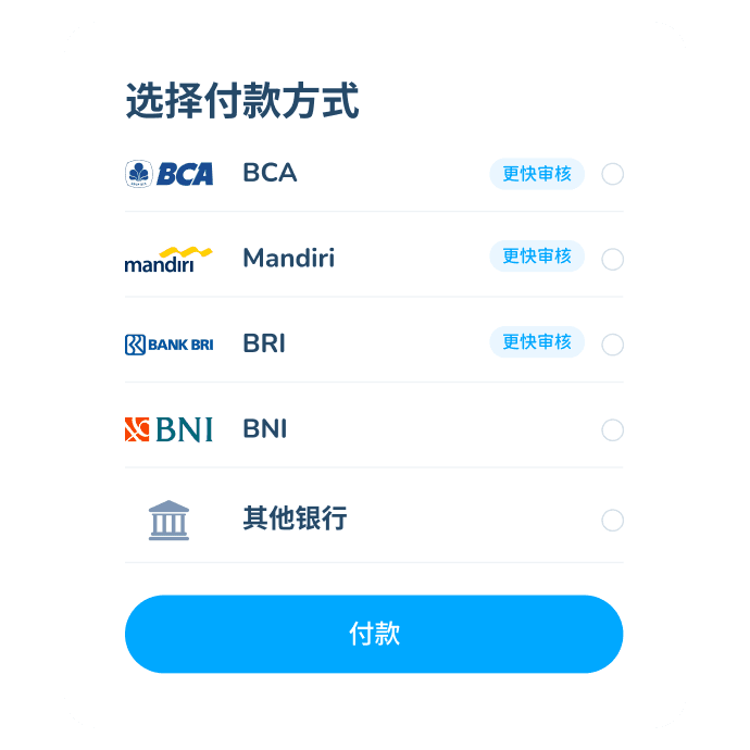 Topremit 应用中国际交易的最后一步界面,通过 BCA、Mandiri、BRI、BNI、或其他银行完成付款。