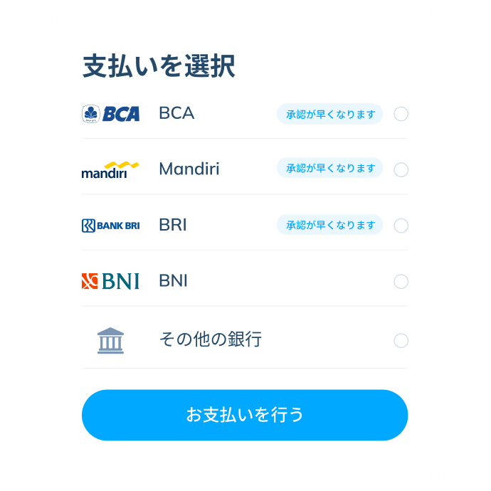 BCA、Mandiri、BRI、BNI、などの利用可能な銀行を通じて支払いを行う、Topremit アプリの国際取引の最終ステップ画面。