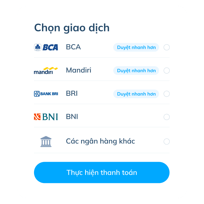 Màn hình bước cuối của giao dịch quốc tế trên ứng dụng Topremit với việc thanh toán qua các ngân hàng như BCA, Mandiri, BRI, BNI, hoặc ngân hàng khác.