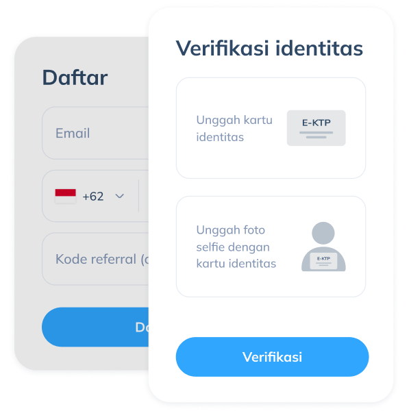 Tampilan langkah pertama transaksi SWIFT Topremit dengan registrasi akun melalui email dan nomor telepon serta verifikasi identitas menggunakan kartu tanda pengenal.