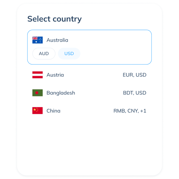 Display of the third step in a Topremit SWIFT transaction by selecting USD as the currency in the destination country.