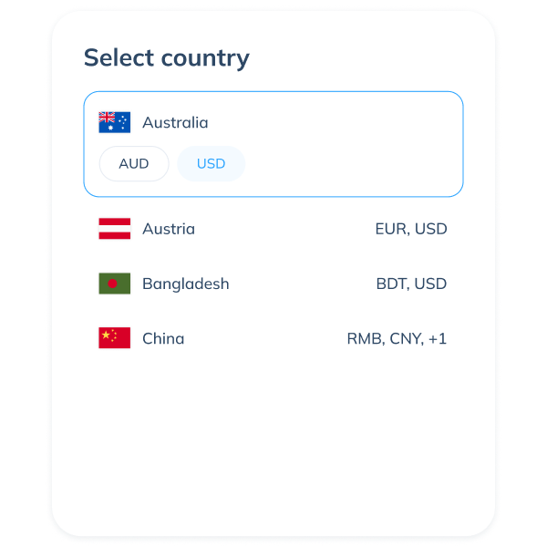 Display of the third step in a Topremit SWIFT transaction by selecting USD as the currency in the destination country.