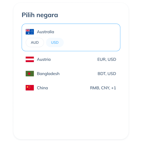 Tampilan langkah ketiga transaksi SWIFT di aplikasi Topremit dengan memilih mata uang USD pada negara tujuan.