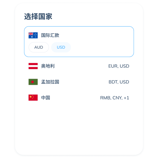 Topremit 应用中 SWIFT 汇款交易的第三步界面，在收款国家选择美元（USD）作为货币。