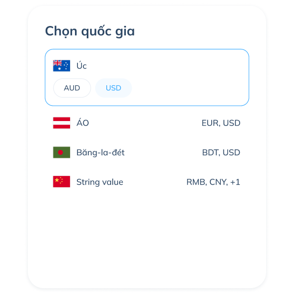 Màn hình bước thứ ba của giao dịch SWIFT trên ứng dụng Topremit với việc chọn USD làm loại tiền tệ tại quốc gia nhận.