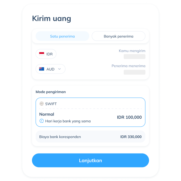 Tampilan langkah kedua transaksi SWIFT di aplikasi Topremit dengan memilih opsi ‘Satu penerima’
