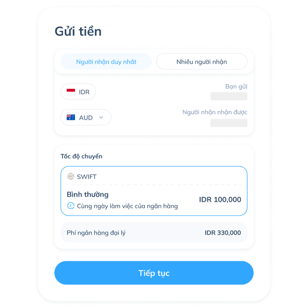 Màn hình bước thứ hai của giao dịch SWIFT trên ứng dụng Topremit với tùy chọn “một người nhận”.