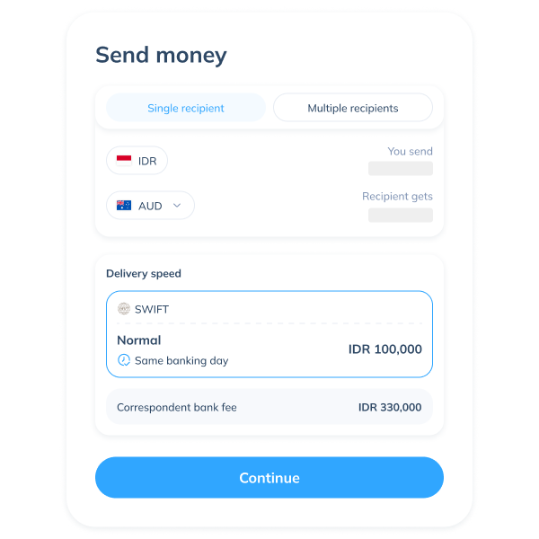 Display of the second step in a Topremit SWIFT transaction by selecting the “Single recipient” option.