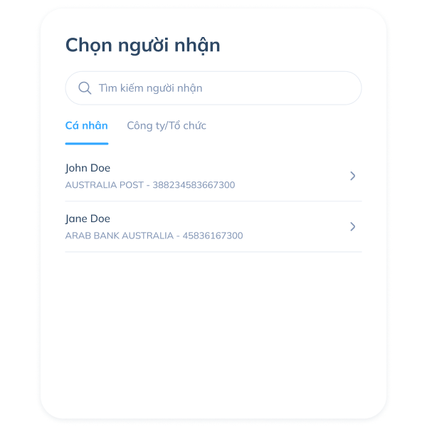 Màn hình bước thứ tư của giao dịch SWIFT trên ứng dụng Topremit, cho phép chọn người nhận hiện có hoặc nhập thông tin người nhận mới.