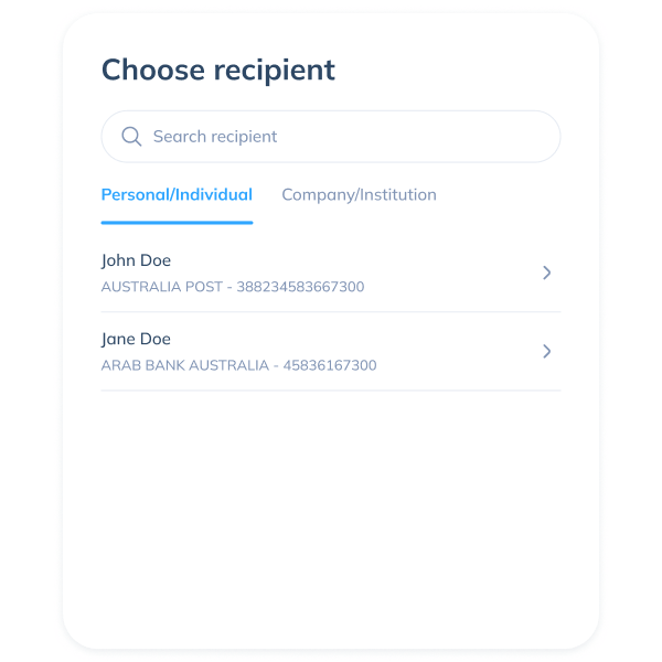 Display of the fourth step in a Topremit SWIFT transaction by selecting an existing recipient or entering new recipient details.