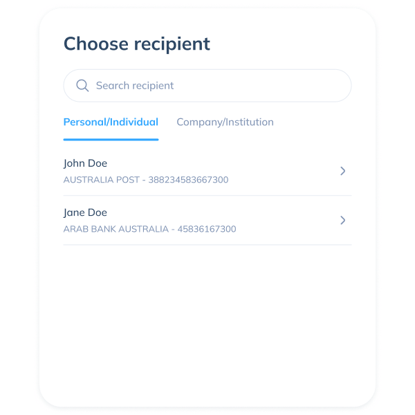 Display of the fourth step in a Topremit SWIFT transaction by selecting an existing recipient or entering new recipient details.