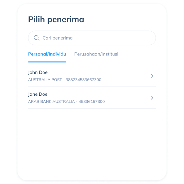 Tampilan langkah keempat transaksi SWIFT di aplikasi Topremit dengan memilih penerima atau mengisi data penerima baru.