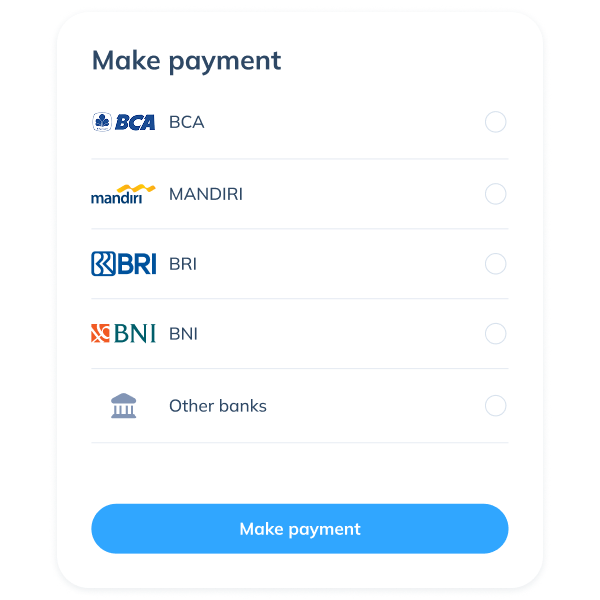Display of the final step in a Topremit SWIFT transaction by making a payment through available banks such as BCA, Mandiri, BRI, BNI, CIMB Niaga, or other banks.