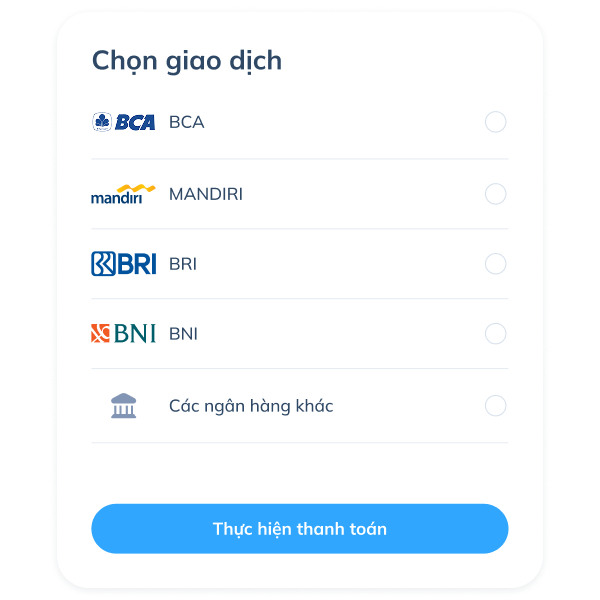 Màn hình bước cuối của giao dịch SWIFT trên ứng dụng Topremit với việc thực hiện thanh toán qua các ngân hàng như BCA, Mandiri, BRI, BNI, CIMB Niaga hoặc ngân hàng khác.