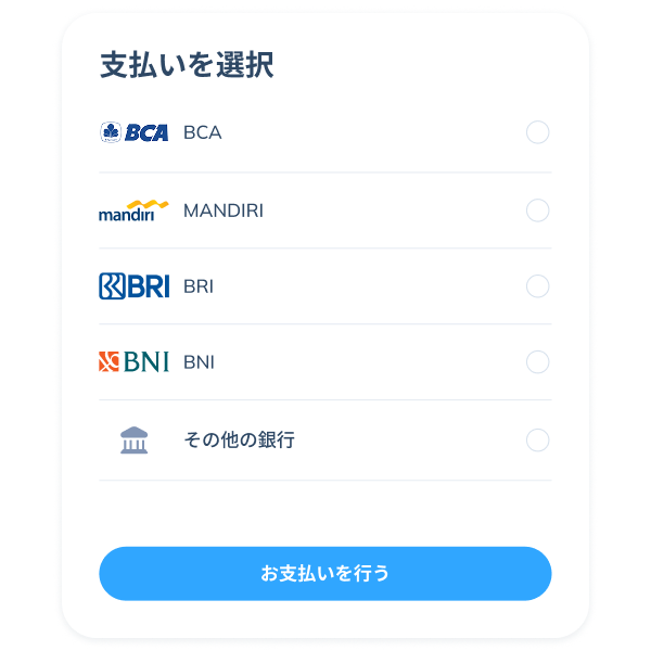 BCA、Mandiri、BRI、BNI、CIMB Niaga などの利用可能な銀行を選んで支払いを行う、Topremit アプリの SWIFT 送金取引の最終ステップ画面。