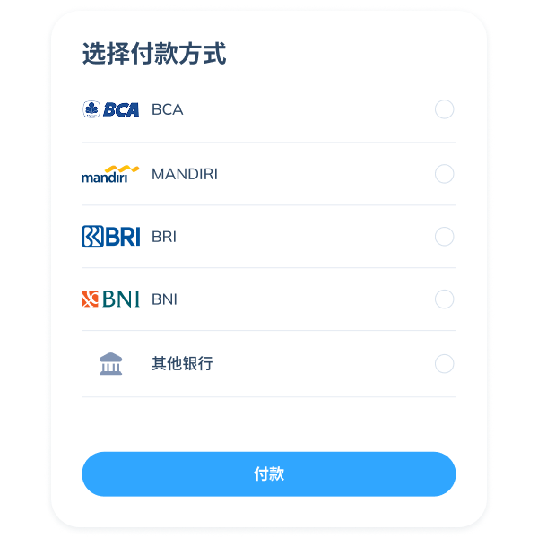 Topremit 应用中 SWIFT 汇款交易的最后一步界面，通过 BCA、Mandiri、BRI、BNI、CIMB Niaga 或其他银行完成付款。