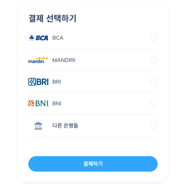 BCA, Mandiri, BRI, BNI, CIMB Niaga 등 이용 가능한 은행을 통해 결제하는 Topremit 앱의 SWIFT 송금 최종 단계 화면.