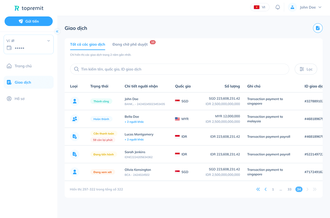 Màn hình máy tính xách tay hiển thị tính năng Theo dõi giao dịch trong bảng điều khiển Topremit for Business.